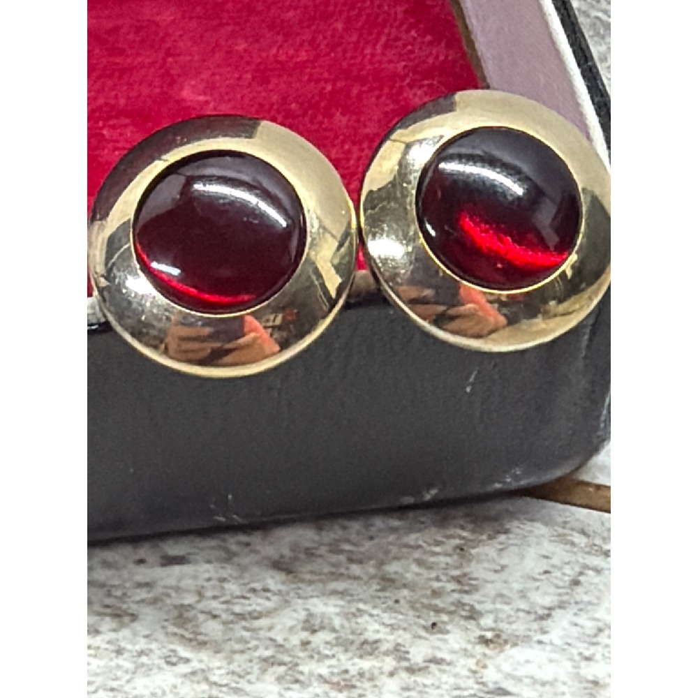Swank Vintage Mens Gold Tone Round Red Cabochon Bullet Back Cufflinks